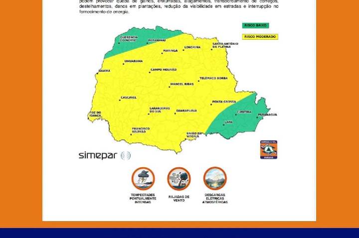 Defesa Civil alerta para risco de tempestades severas em Rolândia no fim de semana