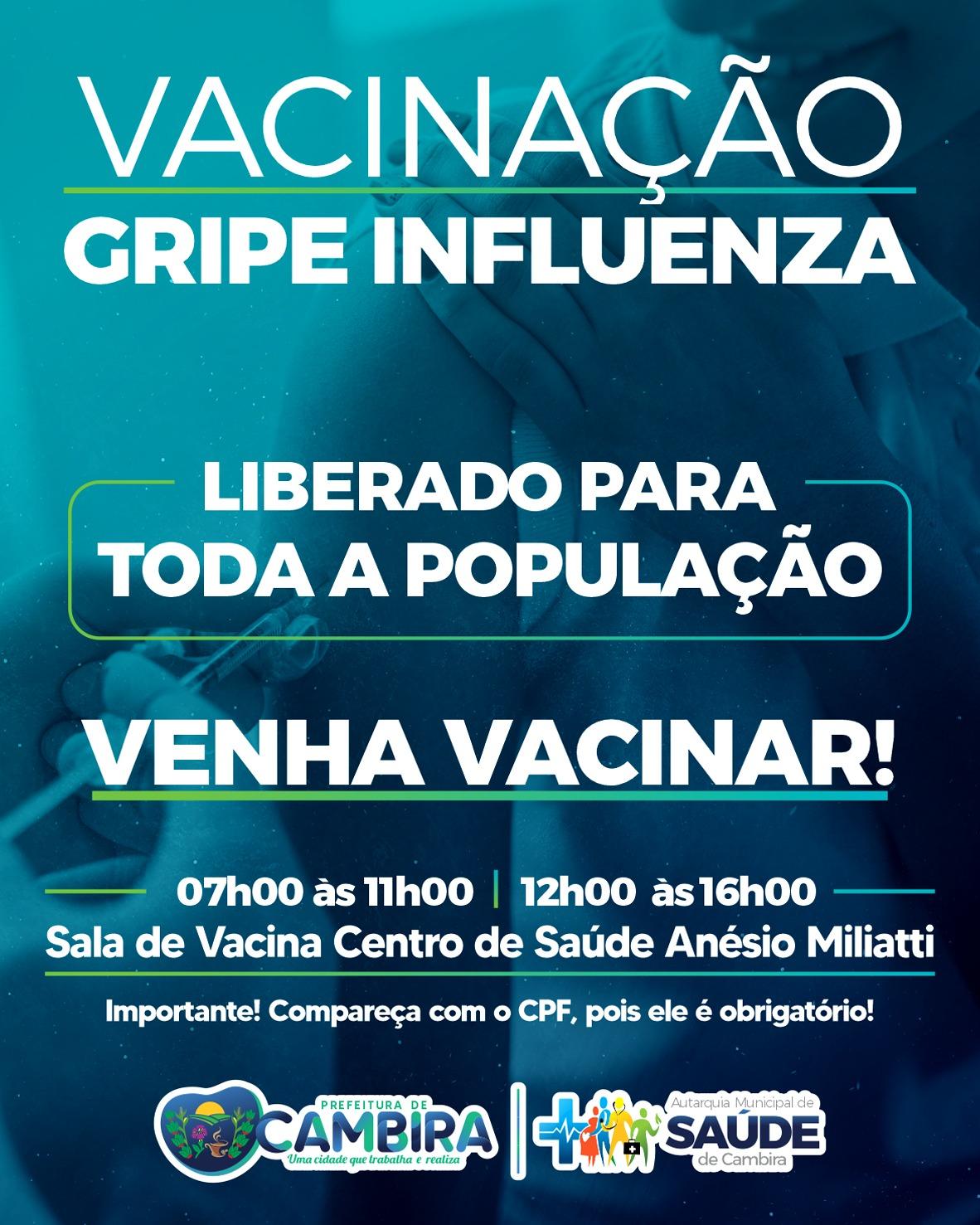 Vacinação contra a gripe é ampliada para toda a população em Cambira
