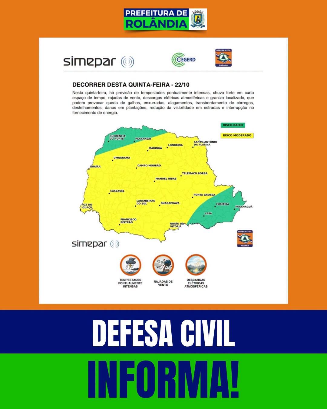 Defesa Civil alerta para risco de tempestades severas em Rolândia no fim de semana